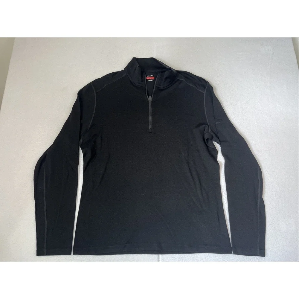 Icebreaker 260 Tech Mens Large Black Merino Wool Half Zip Base Layer Thermal
